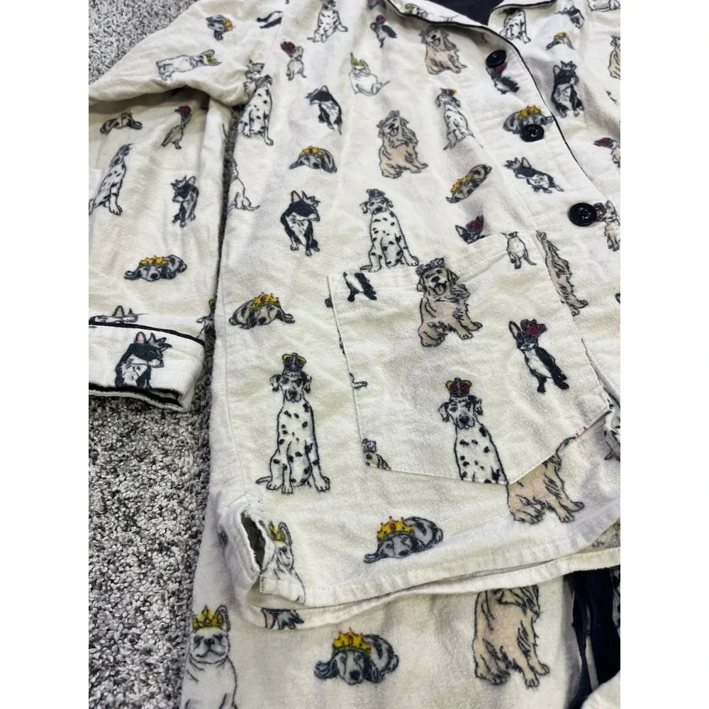 PJ Salvage Women Small Dog Print Flannel Pajama Set Cream Button Front‎ Long